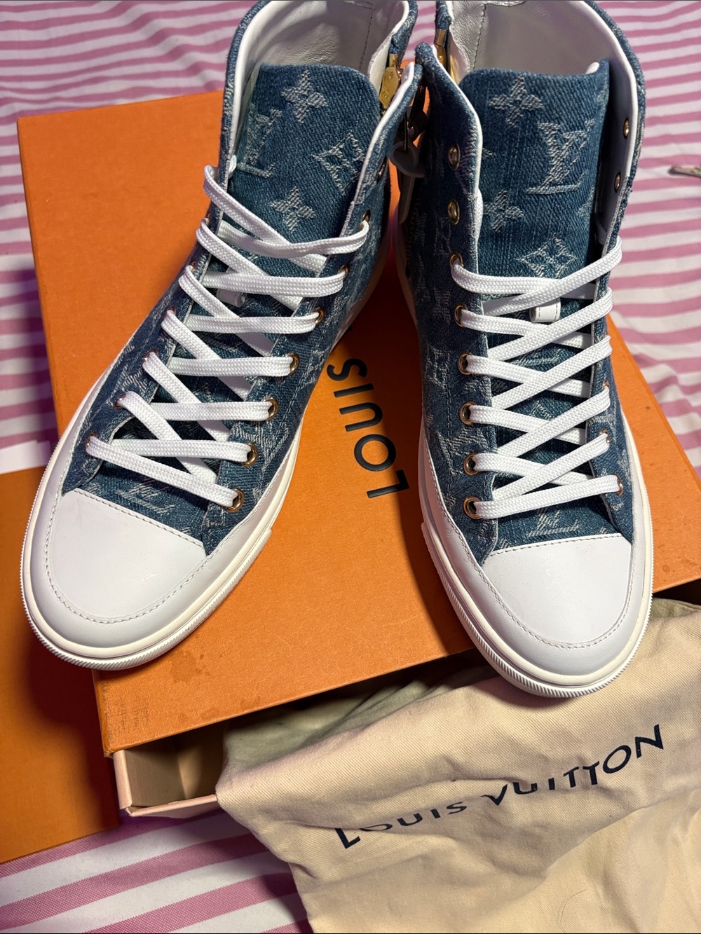 Louis Vuitton Denim Monogram High-Top Sneakers with White Trim